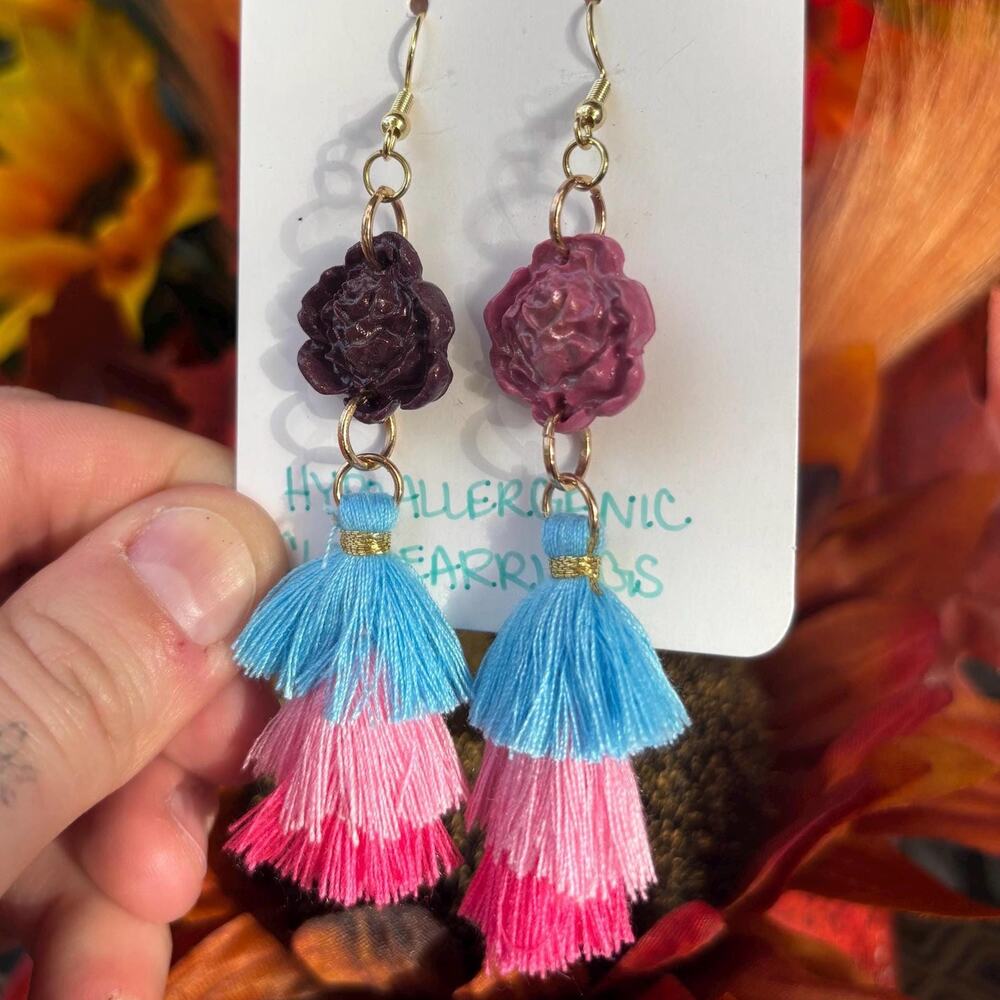 Handmade Mismatched Flower Tassel Earrings: Polymer Clay, Hypoallergenic Jewelry
